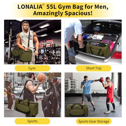 55L Large Sports Duffle Bag for Men, 22 Inch, Olive Green | Heavy Duty, Gym Duffel Bag, Multi Pockets, Spacious - color: Olive Green