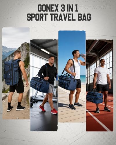 Gonex 45L Duffel Bag for Men, 3 in 1 Convertible Carry Gym Duffle with Shoe Compartment, Tactical Gear Loops, Water-Repellent Lining, Workout & Travel Bag (Dark Blue) | Shoe compartment, Tactical gear loops, Water-repellent lining, 5 zip pockets, Weekend