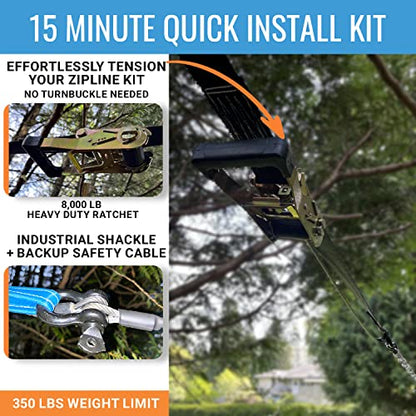 Zip Line Kit for Kids and Adults, 100/120/150/200 ft, Up to 350 Lbs, Removable Trolley, Rustproof Stainless Steel, Quick Setup with Ratchet, Safety Harness, Backyard Adventure Fun W/Climbing Holds - size: 160' Zipline Kit