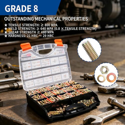 980cs Grade 8 SAE Bolts and Nuts Assortment Kit, 1/4-20, 5/16-18, 3/8-16, 1/2-13 Heavy Duty Hex Bolts and Nuts Kit, Assorted Nuts, Bolts, Flat & Lock Washers, Yellow Zinc Plated, Length from 1/2"-2" - size: 980PCS 1/4-20, 5/16-18, 3/8-16, 1/2-13