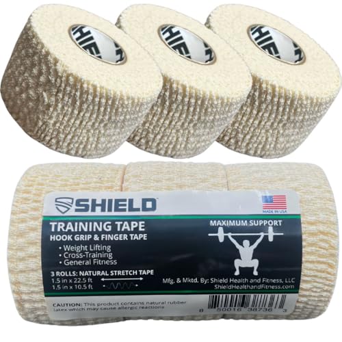 SHIELD | Weightlifting Tape - Made in USA, Hook Grip, Cross-Training, WOD Grip Tape 3-Pack– Durable, Non-Slip, Comfortable Stretchy Athletic Tape – Thumb, Wrist, Finger Protection (White) - color: White