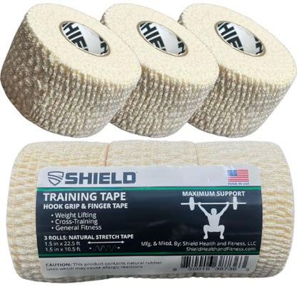 SHIELD | Weightlifting Tape - Made in USA, Hook Grip, Cross-Training, WOD Grip Tape 3-Pack– Durable, Non-Slip, Comfortable Stretchy Athletic Tape – Thumb, Wrist, Finger Protection (White) - color: White