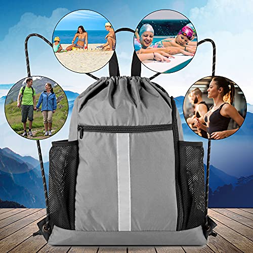 BeeGreen Grey Drawstring Bag Pack Gym Sackpack w Shoe Compartment Two Water Bottle Holder Portable String Sinch Sack for Gymnastic Athletic Beach Travel - color: Grey, style: Drawstring With Shoe Compartment