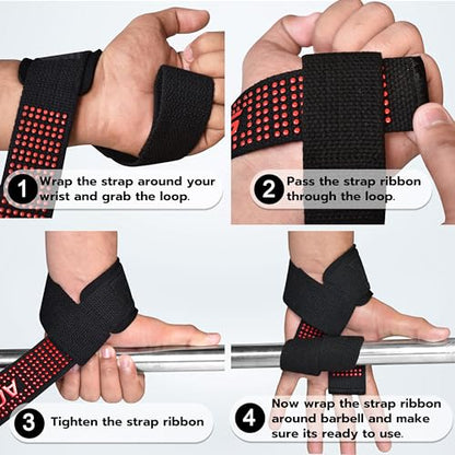 AQF Weight Lifting Straps, Padded Cotton Gym Wrist Straps for Deadlifts | 23" Extra-Long, Heavy-Duty Webbing, 5mm Neoprene Cushioning, Open-Loop Design, Sold as Pair, Ideal for Rows & Pull Workout - color: Red Gel Grip