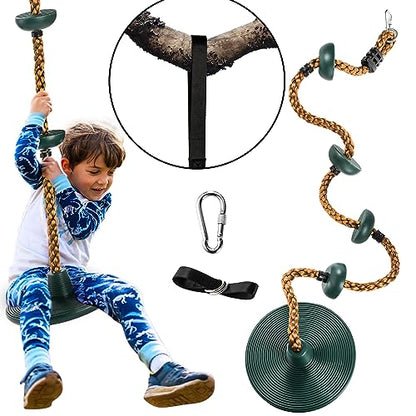 ZENFUN Climbing Rope with Platform and Disc, Tree Swing Seat Set Outdoor Playground Accessories Including Bonus Hanging Strap & Carabiner, Secure Trees House Swings, Gym Backyard, Max Load: 220lb