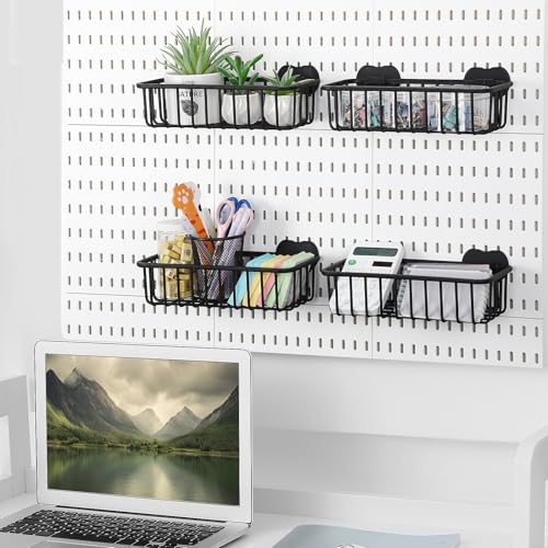 Maxdot 4 Pcs Pegboard Baskets with Hook, Compatible with IKEA Skadis Peg Board, Wall Bins and Baskets Storage Box Containers Accessories for Home Garage Office, 11 x 5 x 3 Inches(Black) - color: Black