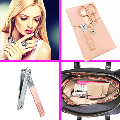 Manicure Set, Professional Women Nail Clippers Kit 4PCS, Stainless Steel Nail Cutter Care Tools Professional Grooming Kits, PU Leather Travel Case （rose gold） - color: rose gold