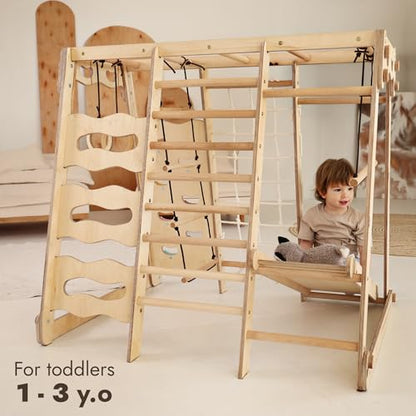 Goodevas Improves 9-in-1 Indoor Climbing Frame for Kids, Montessori Climbing Frame with Slide, Swing, Climbing Wall, Climbing Triangle - Playground for Nursery - size: Toddler Playground