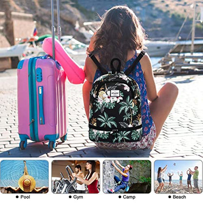 Dry Wet Drawstring Backpack with Shoe Compartment for Women Adjustable Gym Bag - color: Coconut Palm