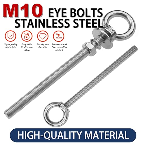 4 Pack M10 Stainless Steel Eye Bolts with Nuts, 3/8" x 6" Eye Bolts | 304 Stainless Steel Eye Bolt,Eye Bolts Heavy Duty for Hang Tie Down Outdoor,3/8 eye bolts with nuts,m10 eye bolts - size: M10x153mm (3/8"x6")
