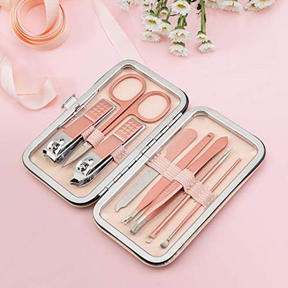 Manicure Set, 8 In 1 Stainless Steel Professional Pedicure Kit Nail Scissors Grooming Kit with Pink Leather Travel Case Pink - color: 8 in 1