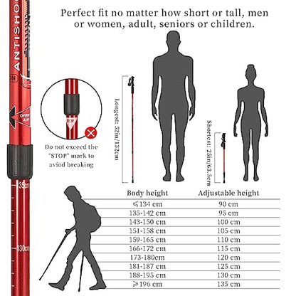 Aihoye Trekking Poles,Adjustable Shock Absorbing Hiking Walking Stick-2Pcs | Aviation aluminum,Collapsible, Lightweight, All-terrain walking poles, Carry bag included - color: red