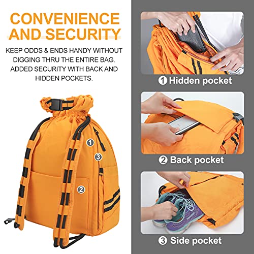 Water-Resistant Drawstring Bag - Expandable 30L with Anti-Theft Zipper Pockets - Ideal Small Cinch Backpack for Men, Women, and Kids - Perfect Gym, Beach, School, and Travel Bag (Orange)