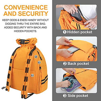 Water-Resistant Drawstring Bag - Expandable 30L with Anti-Theft Zipper Pockets - Ideal Small Cinch Backpack for Men, Women, and Kids - Perfect Gym, Beach, School, and Travel Bag (Orange)