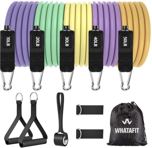WHATAFIT Resistance Bands with Handles, 5-Level Exercise Bands for Workout | Natural latex,10-50 lbs, stackable to 150,Ankle Straps, Door Anchor,Guide. For Strength, Yoga,Home Gym,Travel & Workout. - color: Navy Blue