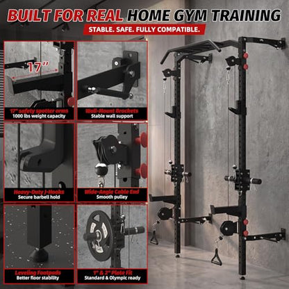 Wall Mounted Power Rack with Cable Crossover Machine, Foldable Squat Rack with Dual Pulley System, Pull Up Bar & J Hooks, 800 LB Capacity Space Saving Home Gym Strength Training Equipment