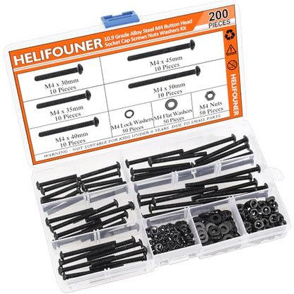 HELIFOUNER 200 Pieces M4 x 30mm /35mm /40mm /45mm /50mm, Button Head Socket Cap Metric Screws Bolts Washers Nuts Kit, 10.9 Grade Alloy Steel, Fully Threaded, Black - size: M4 x 30/35/40/45/50mm, style: Button Head