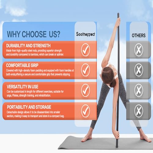 Pongnas Stretching Stick with 4 Steel Rods Non Slip Ergonomic Handles Pilates Balance Pole for Flexibility Training Shoulder Mobility Strength Home Gym Workouts