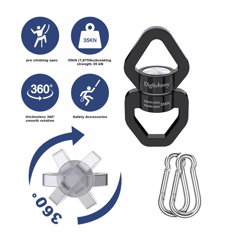 35KN Swing Swivel with Swivel Carabiner, Black, 2 Pack | For hanging chairs, aerial yoga, hammocks, tire swings, kids' swings, gym rings, web tree swings, smooth rotation - color: Black, size: 2 pack with carabiners