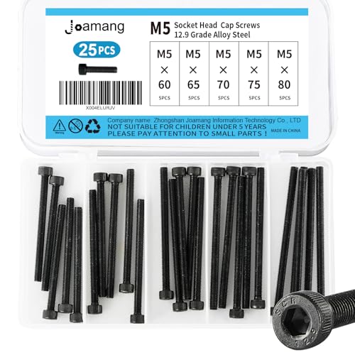 M5 x 60mm 65mm 70mm 75mm 80mm Hex Socket Head Cap Screws Bolts, 12.9 Grade Alloy Steel, Black Oxide Finish, Metric Allen Drive, Fully Threaded, Assortment Kit 25Pcs - size: Socket M5x60-80mm