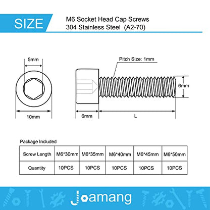 M6 x 30mm 35mm 40mm 45mm 50mm Socket Head Cap Screws Bolts, Stainless Steel 304, Metric Allen Hex Drive, Bright Finish, Fully Threaded, Assortment Kit 50PCS - size: Socket M6x30-50 mm