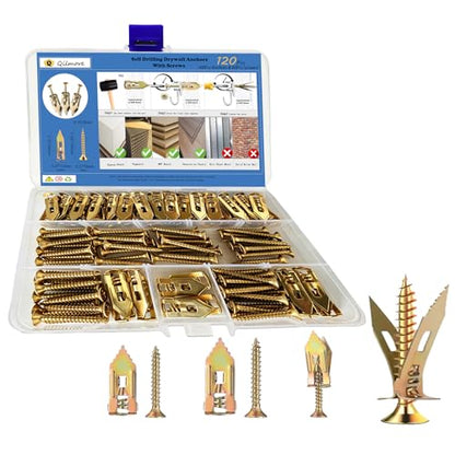 120pcs Self Drilling Drywall Anchors with Screws, Metal Expansion Bolt for Drywall,Zinc-Plated Steel,Heavy Duty-Holds 66lbs, Not Drill in wall for Hanging,Picture Frame,TV Mount,wall Stickers Decor.
