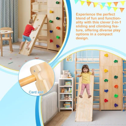 10-in-1 Swedish Ladder Wall Gym Set, Wooden Indoor Climbing Frame for Kids and Adults with Slide, Swing, Rock Climbing Wall, Gymnastic Rings, Rope Ladder, and Pull-Up Bar, Home Playground