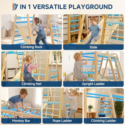 7-in-1 Wooden Jungle Gym, Indoor Kids Climbing Playset for Toddlers - color: Blue