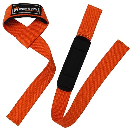 Meister Neoprene-Padded No-Slip Weight Lifting Straps for Grip (Pair) | Ridged woven cotton construction, enhanced wrist comfort and support for deadlifts, pulls, shrugs and heavy lifting - color: Orange