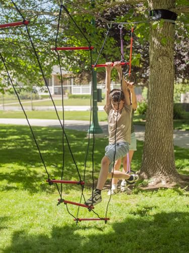 Slackers Deluxe Ninjaline Kit 56 ft with 9 Hanging Obstacles - Best Outdoor Ninja Warrior Training Equipment for Kids - Build Your Very Own Backyard Ninja Obstacle Course - Rated Ages 5+