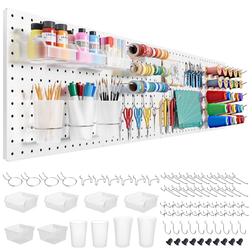 FZK Peg Board, 74PCS Metal Pegboard Wall Organizer Kit. Heavy Duty Pegboard, White Pegboard for Garage Craft Room Workbench Office Kitchen Tool Organization, 24 * 24 - color: 74PCS-White Pegboard Kit
