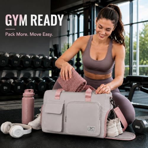FIORETTO Women's Gym Duffle Bag with Shoes Compartment, 30L Capacity, Ideal for Travel, Gym, Sports, Duffel, Weekender - color: Grey & Pink, style: Gym Bag With Toiletry Bag