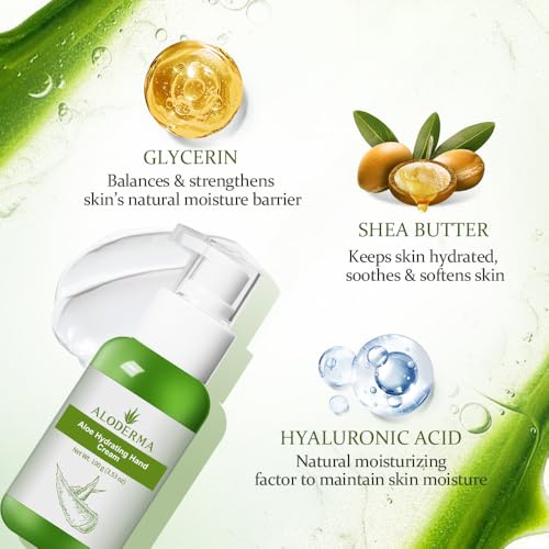 Aloderma Aloe Hydrating Hand Cream, Non-Greasy Lotion for Dry Skin, 3.5 oz | Gently scented vegan formula with shea butter, travel size 100 ml hand cream for cracked skin - ideal for office or gym use - size: 3.5 Fl Oz (Pack of 1)