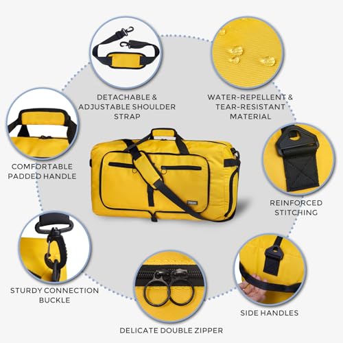 Fmeida 65L Duffle Bag with Shoes Compartment, Foldable Travel Duffel Bags for Men Women, Large Packable Travel Bag Water Repellent & Tear Resistant (Yellow) - color: Glossy Yellow