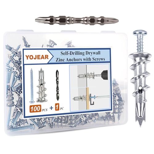 Metal Self Drilling Drywall Anchors, 101PCS Hollow Wall Anchors and Screws Kit, with Specialized Bit, Heavy Duty Sheetrock Anchors + #8×1-3/8 Screws, Easy for Wall, Shelve, Hanging and Mounting