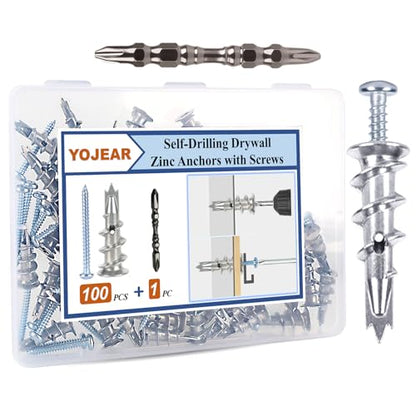 Metal Self Drilling Drywall Anchors, 101PCS Hollow Wall Anchors and Screws Kit, with Specialized Bit, Heavy Duty Sheetrock Anchors + #8×1-3/8 Screws, Easy for Wall, Shelve, Hanging and Mounting