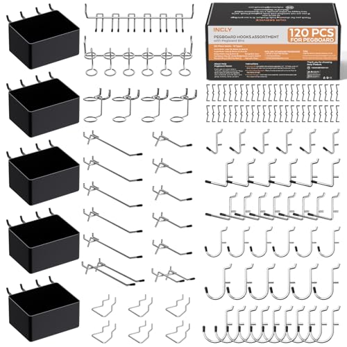 INCLY 120PCS Pegboard Accessories Organizer Kit with Peg Borad Hooks & Bins | Peg Board Hooks Assortment, For Organizing Various Tools, Fit 1/8 or 1/4 inch Pegboard, For Garage Hanging & Storage Tools - size: 120 PCS