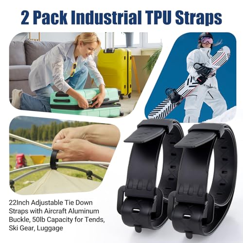 PSLER 2 Pack 22 Inch Industrial TPU Tie Down Straps with Aluminum Buckle | Elastic TPU material, reusable ladder strap for ski, luggage & equipment securing, 50LBS capacity, stable for outdoor use