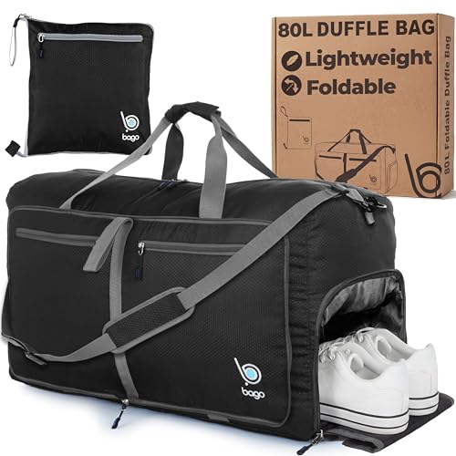Bago 80L Travel Duffle Bag - Foldable Weekender Bag For Women & Men - Lightweight tier-resistant waterproof Shoe Pocket (Black) - color: Black, size: 80L