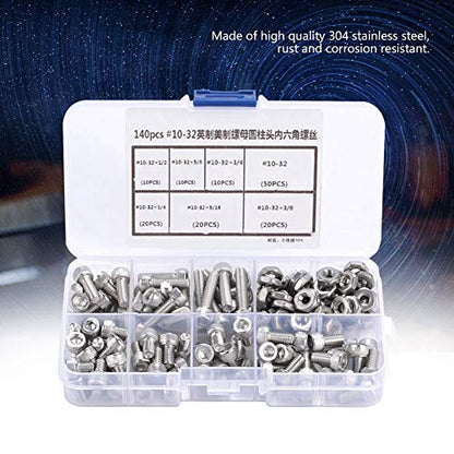 Garosa 140pcs Stainless Steel Hex Socket Head Bolts #10-32 Hex Screw Assortment Kit 6 Different Sizes with Storage Case