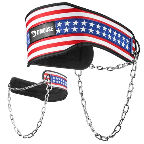 DMoose Fitness Dip Belt for Weight Lifting, Pullup, Squats & Dips - 36" Robust Steel Chain, Comfortable Neoprene Padding Supports 350lbs - Gym Weight Belt for Strength Training Workout & Weightlifting - color: American