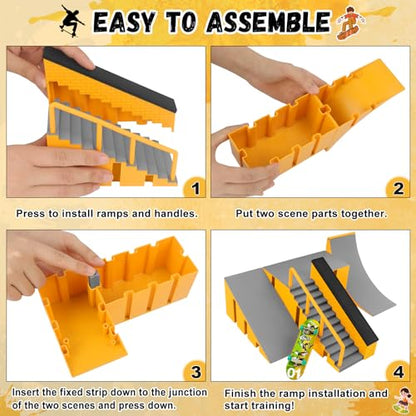 CS COSDDI Finger Skateboard Park Kit, 14 in 1 Skate Park Set with 8 Fingerboards, 14 Ramps, Half Pipe & Finger Bike, Mini Skate Toy for Kids & Adults,Yellow - color: Style -1810-12c