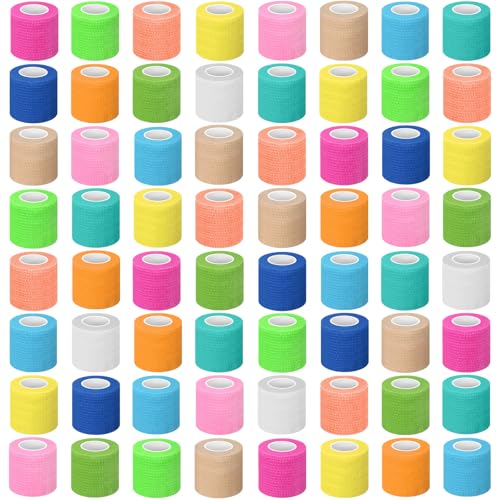 Treela 64 Pack 2" x 5 Yards Self Adhesive Cohesive Bandage Wraps, Elastic Breathable Athletic Tape, Flexible Self Adherent Bandage Rolls for Wrist, Ankle, Fingers, Sports & Pets (Fresh Color) - color: Fresh Color, size: 2 Inch X 5 Yard