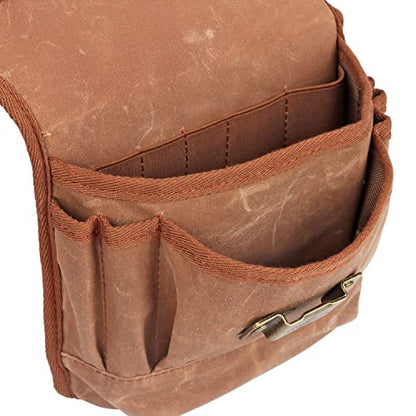 Tool Belt Bag with Suspenders-Carpenter Electrician Padded 5+ Pockets-Small | Heavy Duty Work Belt ,with Hammer Holder, Fit 28-42 inch Waist,Oil-Waxed Canvas, Leather Reinforcement, Multi-purpose Pockets