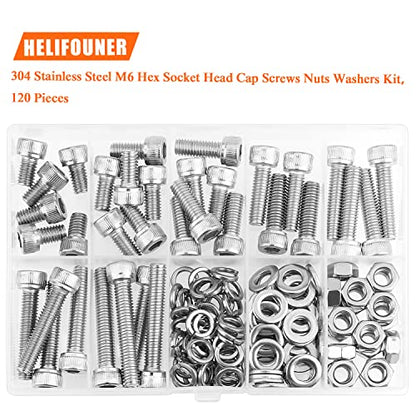 HELIFOUNER 120 Pieces M6 x 10mm /12mm /16mm /20mm /25mm /30mm /35mm, Hex Socket Head Cap Screws Bolts Washers Nuts Kit, 304 Stainless Steel - size: M6, style: Socket Head Screws