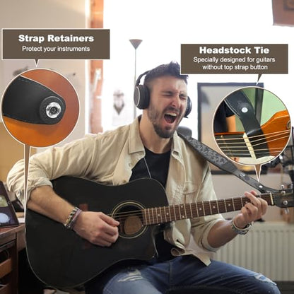 Guitar Strap and Bass Strap, Embroidered Guitar Strap, Adjustable Strap Length, Equipped with 3D Sponge Filled Foam Pad, Comes with 4 Picks + 2 Strap Locks, Best Gift for Guitar Players, Silver - color: Silver Embroidery