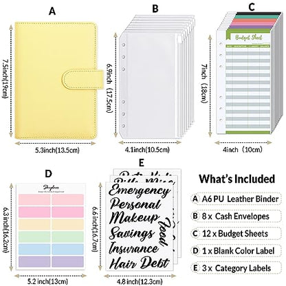 SKYDUE Budget Binder with 8pcs Zipper Envelopes, Money Organizer for Cash with 12pcs Expense Budget Sheets & 24 Blak Sticky Labels, Budget Book with Cash Envelopes, Yellow, A6 (1008HYJ-HZ_A6Yellow) - color: Yellow