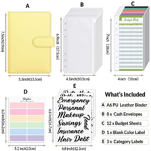 SKYDUE Budget Binder with 8pcs Zipper Envelopes, Money Organizer for Cash with 12pcs Expense Budget Sheets & 24 Blak Sticky Labels, Budget Book with Cash Envelopes, Yellow, A6 (1008HYJ-HZ_A6Yellow) - color: Yellow