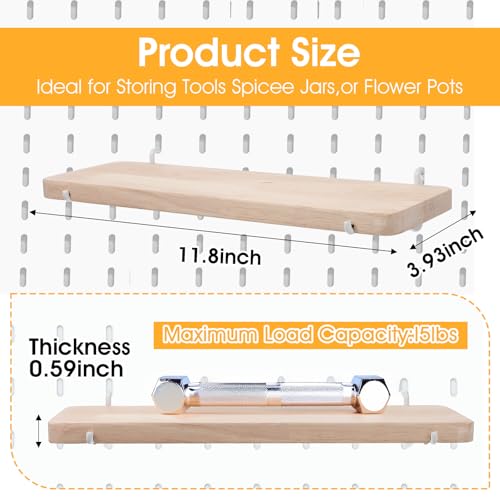 Lemecima 2 Pcs Pegboard Shelves, Solid Wood Wall Shelf with Hooks, Compatible with Skadis Pegboard, Organizer Accessories for Home & Office