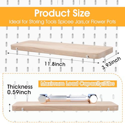 Lemecima 2 Pcs Pegboard Shelves, Solid Wood Wall Shelf with Hooks, Compatible with Skadis Pegboard, Organizer Accessories for Home & Office